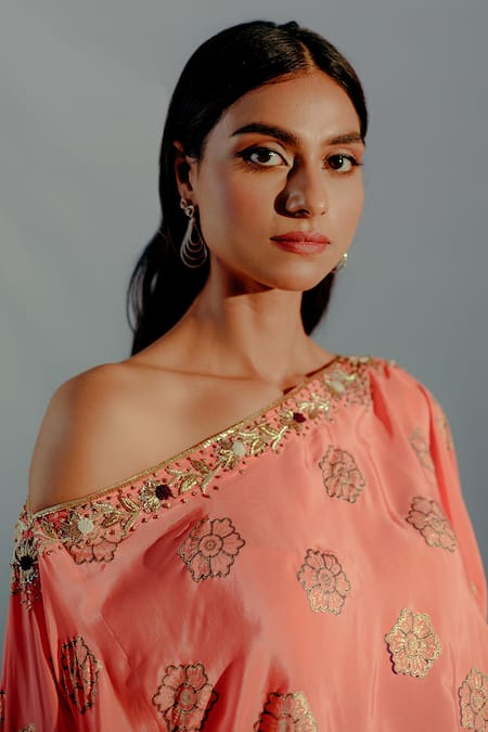 Shop_Aaryaa By Kashveen Kohli_Coral Crepe Embroidery One Shoulder Foil Print Asymmetrical Top With Draped Pant _Online_at_Aza_Fashions