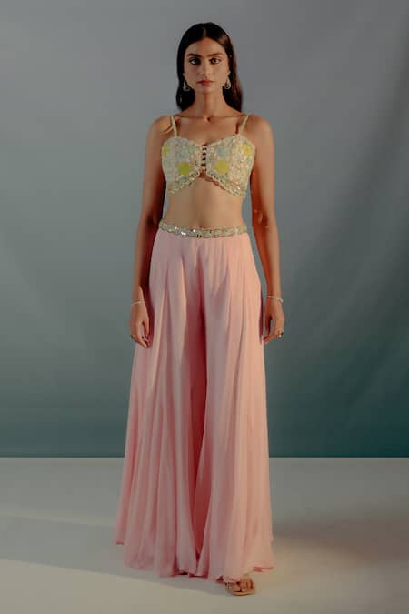 Aaryaa By Kashveen Kohli Pink Net, Georgette Sequins Blossom Applique Embellished Blouse Palazzo Set Online at Aza Fashions Aaryaa By Kashveen Kohli_Pink Net, Georgette Sequins Blossom Applique Embellished Blouse Palazzo Set _Online_at_Aza_Fashions