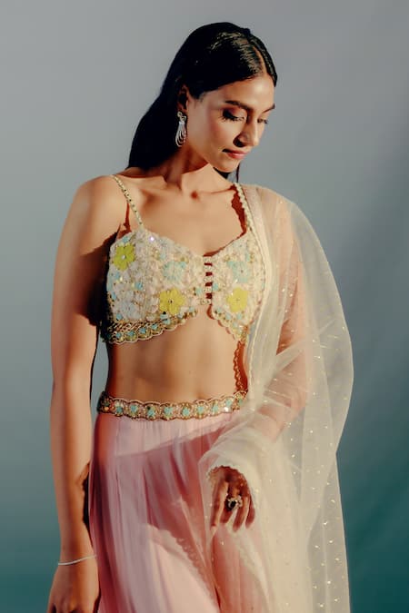 Buy Aaryaa By Kashveen Kohli Pink Net, Georgette Sequins Blossom Applique Embellished Blouse Palazzo Set Online at Aza Fashions Buy_Aaryaa By Kashveen Kohli_Pink Net, Georgette Sequins Blossom Applique Embellished Blouse Palazzo Set _Online_at_Aza_Fashions