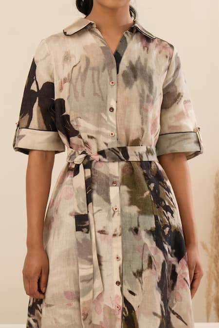 Buy Arcvsh By Pallavi Singh Grey Linen Fringe Collared Scattered Floral Print Shirt Dress Online at Aza Fashions Buy_Arcvsh By Pallavi Singh_Grey Linen Fringe Collared Scattered Floral Print Shirt Dress _Online_at_Aza_Fashions