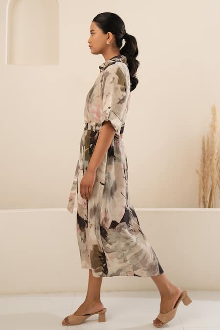 Arcvsh By Pallavi Singh Grey Linen Fringe Collared Scattered Floral Print Shirt Dress Online at Aza Fashions Arcvsh By Pallavi Singh_Grey Linen Fringe Collared Scattered Floral Print Shirt Dress _Online_at_Aza_Fashions