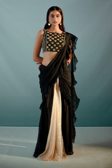 Aaryaa By Kashveen Kohli_Black Organza, Net Crystals Round Ruffled Concept Saree With Embellished Blouse _Online_at_Aza_Fashions