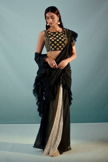 Women Black Saree & Golden Striped Sequinned Work Saree