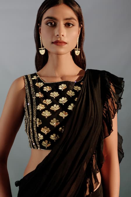 Aaryaa By Kashveen Kohli_Black Organza, Net Crystals Round Ruffled Concept Saree With Embellished Blouse _at_Aza_Fashions
