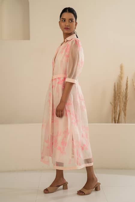 Arcvsh By Pallavi Singh_Pink Organza, Chanderi Collared Cherry Blossom Print Shirt Dress _Online_at_Aza_Fashions