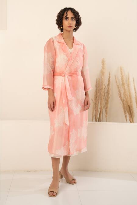 Arcvsh By Pallavi Singh Pink Organza, Chanderi Embroidery Sheer Floral Bloom Print Jacket With Jumpsuit Online at Aza Fashions Arcvsh By Pallavi Singh_Pink Organza, Chanderi Embroidery Sheer Floral Bloom Print Jacket With Jumpsuit _Online_at_Aza_Fashions