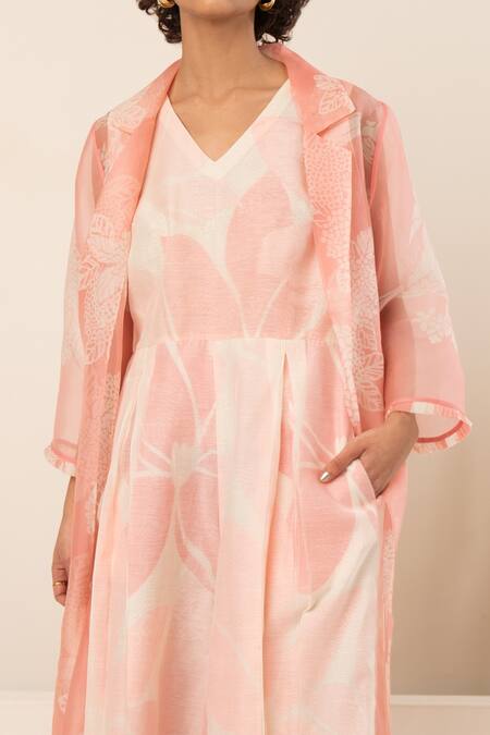 Arcvsh By Pallavi Singh Pink Organza, Chanderi Embroidery Sheer Floral Bloom Print Jacket With Jumpsuit at Aza Fashions Arcvsh By Pallavi Singh_Pink Organza, Chanderi Embroidery Sheer Floral Bloom Print Jacket With Jumpsuit _at_Aza_Fashions