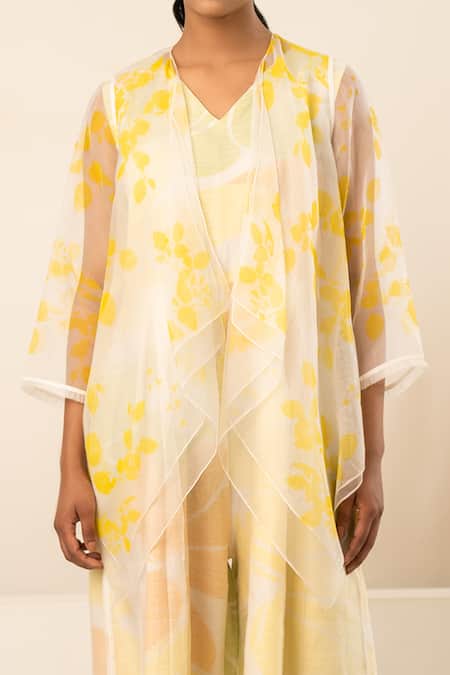 Buy Arcvsh By Pallavi Singh Yellow Organza, Chanderi Open Neck, Flower Petal Print Jacket With Jumpsuit Online at Aza Fashions Buy_Arcvsh By Pallavi Singh_Yellow Organza, Chanderi Open Neck, Flower Petal Print Jacket With Jumpsuit _Online_at_Aza_Fashions