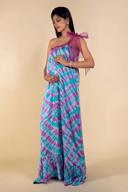 Buy_Ranng Label_Purple Modal, Satin Ruffles One Shoulder Tie Dye Dress _Online_at_Aza_Fashions