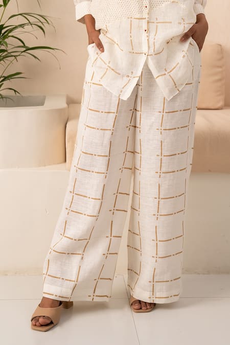 Shop_Arcvsh By Pallavi Singh_Ivory Chanderi, Linen Embroidery Collared Chequered Pattern Shirt With Pant _Online_at_Aza_Fashions