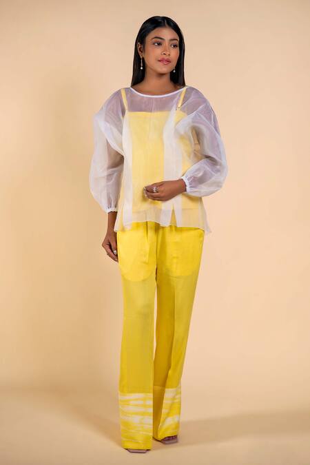 Buy_Ranng Label_Yellow Nylon, Twill Round Neck Sheer Top And Pant Set _Online_at_Aza_Fashions