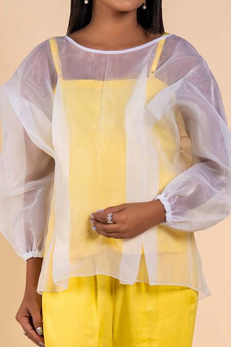 Shop_Ranng Label_Yellow Nylon, Twill Round Neck Sheer Top And Pant Set _Online_at_Aza_Fashions