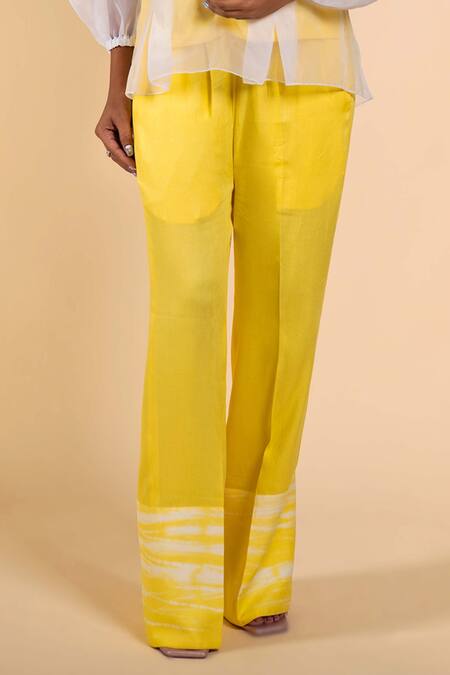 Ranng Label_Yellow Nylon, Twill Round Neck Sheer Top And Pant Set _at_Aza_Fashions