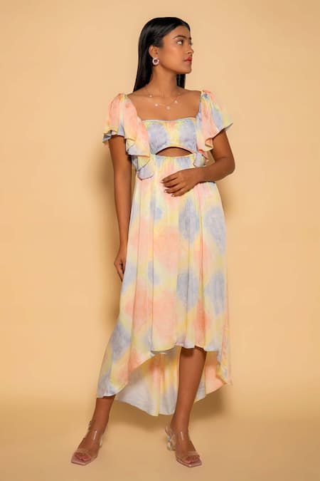 Ranng Label_Peach Satin Sweetheart Neck High Low Hem Dress _Online_at_Aza_Fashions