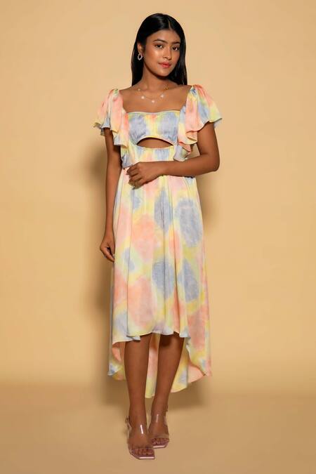Buy_Ranng Label_Peach Satin Sweetheart Neck High Low Hem Dress _Online_at_Aza_Fashions