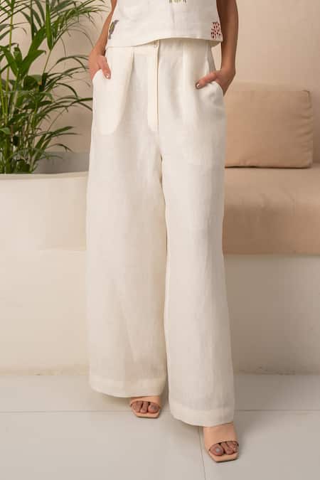 Shop_Arcvsh By Pallavi Singh_Ivory Linen Sequins Plunge Neck Floral Embroidered Top With Pant _Online_at_Aza_Fashions