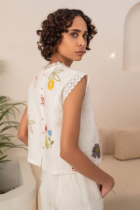 Buy_Arcvsh By Pallavi Singh_Ivory Linen Sequins Plunge Neck Floral Embroidered Top With Pant _Online_at_Aza_Fashions