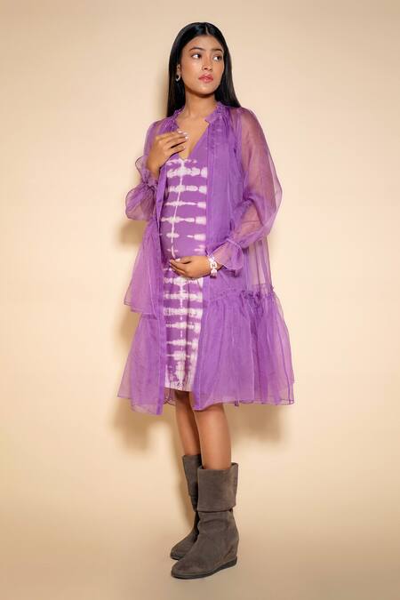 Shop_Ranng Label_Purple Lycra V-neck Sheer Shrug And Tie Dye Dress _Online_at_Aza_Fashions