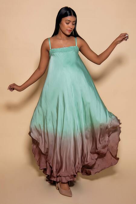 Shop Ranng Label Green Modal, Satin Square Neck Ombre Strappy Dress Online at Aza Fashions Shop_Ranng Label_Green Modal, Satin Square Neck Ombre Strappy Dress _Online_at_Aza_Fashions