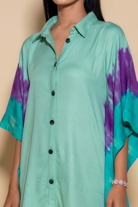 Ranng Label_Green Twill Collared Tie Dye Kaftan And Pant Set _Online_at_Aza_Fashions