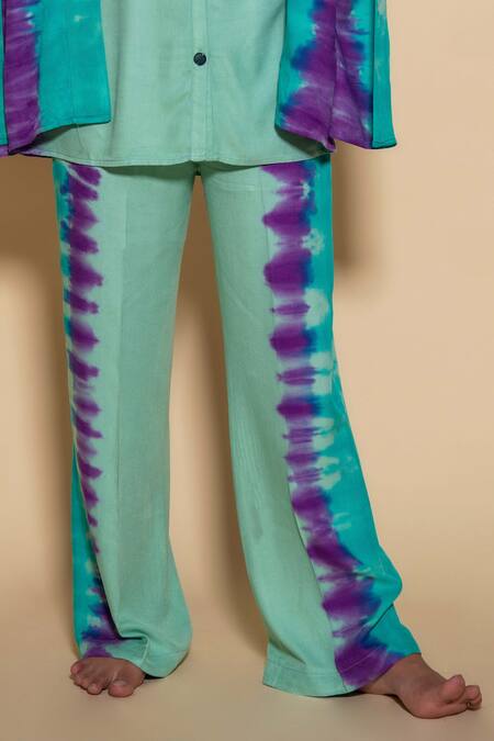 Buy_Ranng Label_Green Twill Collared Tie Dye Kaftan And Pant Set _Online_at_Aza_Fashions