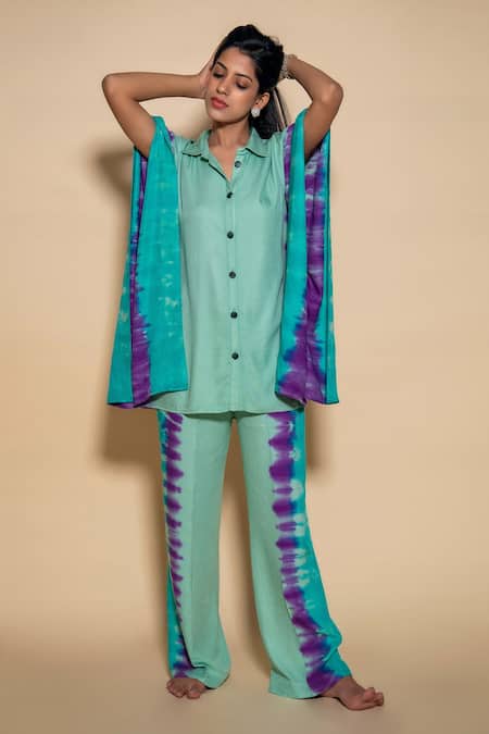 Shop_Ranng Label_Green Twill Collared Tie Dye Kaftan And Pant Set _Online_at_Aza_Fashions
