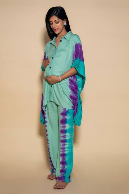 Ranng Label_Green Twill Collared Tie Dye Kaftan And Pant Set _at_Aza_Fashions