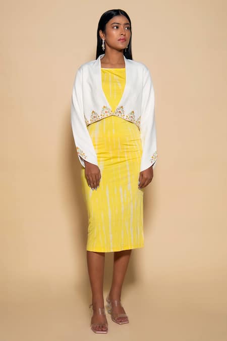 Ranng Label_Yellow Lycra Round Neck Tie Dye Midi Dress _Online_at_Aza_Fashions