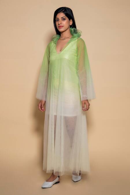 Ranng Label_Ivory Net V-neck Sheer A-line Dress _Online_at_Aza_Fashions