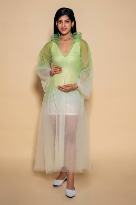 Buy_Ranng Label_Ivory Net V-neck Sheer A-line Dress _Online_at_Aza_Fashions