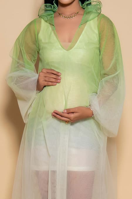 Shop_Ranng Label_Ivory Net V-neck Sheer A-line Dress _Online_at_Aza_Fashions