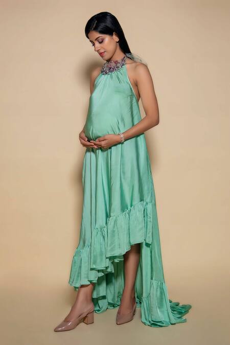 Ranng Label_Green Satin Ruffles Halter Neck Dress _Online_at_Aza_Fashions