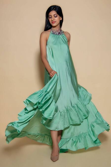 Buy_Ranng Label_Green Satin Ruffles Halter Neck Dress _Online_at_Aza_Fashions