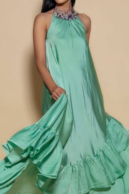 Shop_Ranng Label_Green Satin Ruffles Halter Neck Dress _Online_at_Aza_Fashions