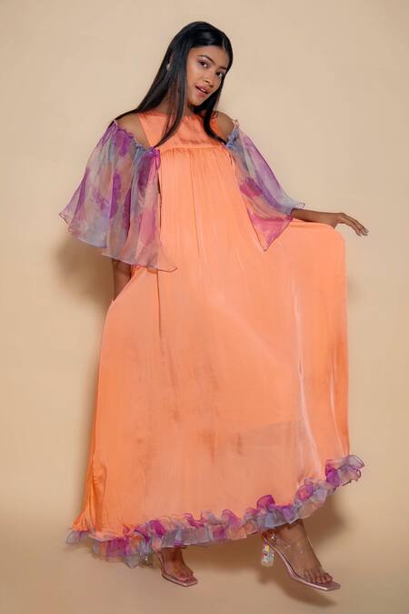 Ranng Label_Peach Organza, Satin Ruffles Round Neck Cold Shoulder Gown _Online_at_Aza_Fashions