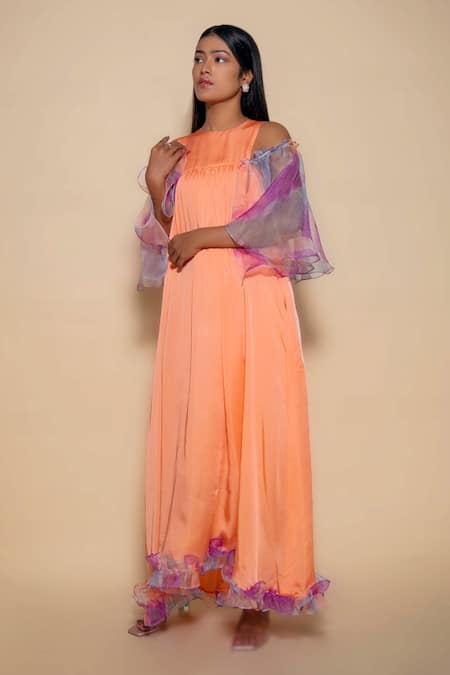 Buy_Ranng Label_Peach Organza, Satin Ruffles Round Neck Cold Shoulder Gown _Online_at_Aza_Fashions