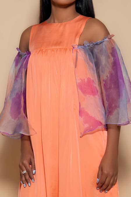 Shop_Ranng Label_Peach Organza, Satin Ruffles Round Neck Cold Shoulder Gown _Online_at_Aza_Fashions