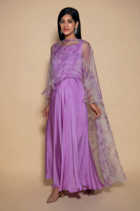 Ranng Label_Purple Organza, Satin Round Neck Tie Dye Shrug And Dress Set _Online_at_Aza_Fashions