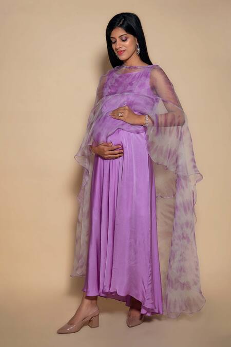 Buy_Ranng Label_Purple Organza, Satin Round Neck Tie Dye Shrug And Dress Set _Online_at_Aza_Fashions