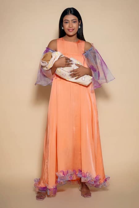 Ranng Label_Peach Organza, Satin Ruffles Round Neck Cold Shoulder Gown _at_Aza_Fashions