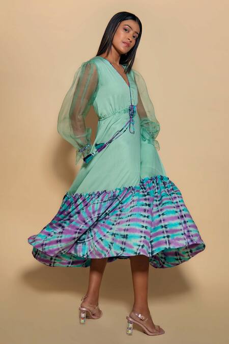 Ranng Label_Green Modal, Satin V-neck Tie Dye Hem Dress _Online_at_Aza_Fashions