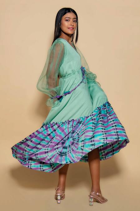 Buy_Ranng Label_Green Modal, Satin V-neck Tie Dye Hem Dress _Online_at_Aza_Fashions