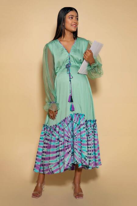 Shop_Ranng Label_Green Modal, Satin V-neck Tie Dye Hem Dress _Online_at_Aza_Fashions