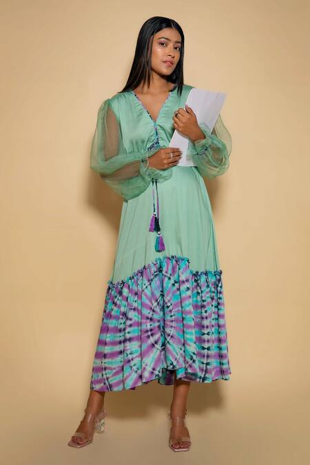 Buy_Ranng Label_Green Modal, Satin V-neck Tie Dye Hem Dress 