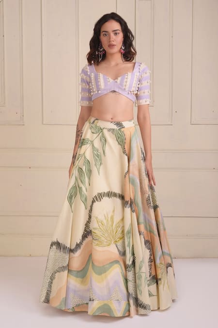Shwetanga_Ivory Cotton Beads, Lace Sweetheart Neck Organic Printed Lehenga Set _Online_at_Aza_Fashions