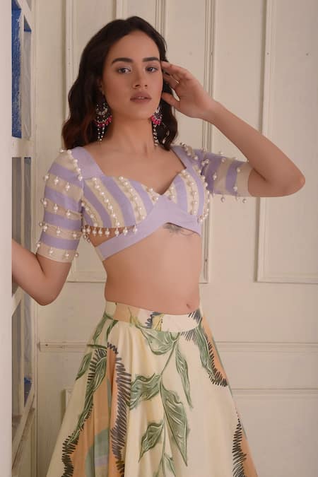 Shop_Shwetanga_Ivory Cotton Beads, Lace Sweetheart Neck Organic Printed Lehenga Set _Online_at_Aza_Fashions