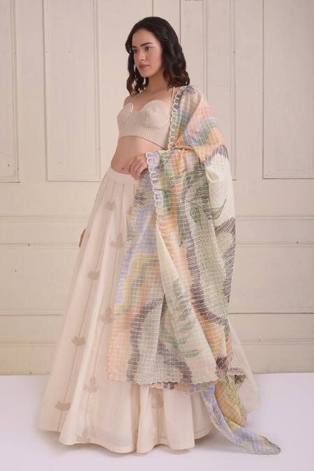 Shwetanga_Ivory Cotton Embroidery Halter Neck Dori Work Organic Lehenga Set _Online_at_Aza_Fashions