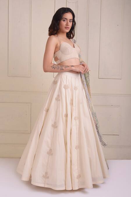 Buy_Shwetanga_Ivory Cotton Embroidery Halter Neck Dori Work Organic Lehenga Set _Online_at_Aza_Fashions