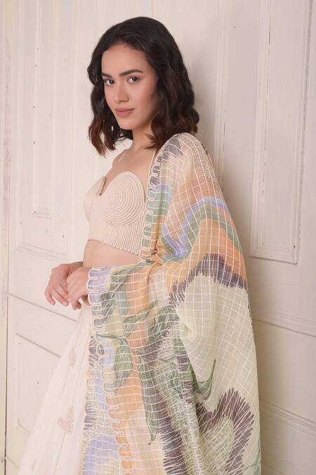 Shop_Shwetanga_Ivory Cotton Embroidery Halter Neck Dori Work Organic Lehenga Set _Online_at_Aza_Fashions