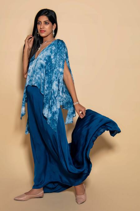Ranng Label Blue Satin Pearls V-neck Cape Style Gown Online at Aza Fashions Ranng Label_Blue Satin Pearls V-neck Cape Style Gown _Online_at_Aza_Fashions